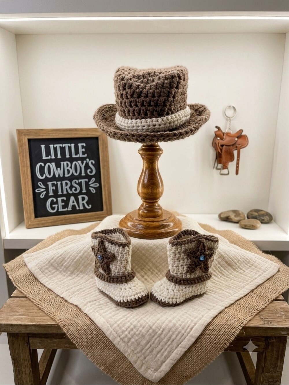 Handmade Crochet Baby Boy Blue Cowboy Hat and Booties Set 0-3 Months